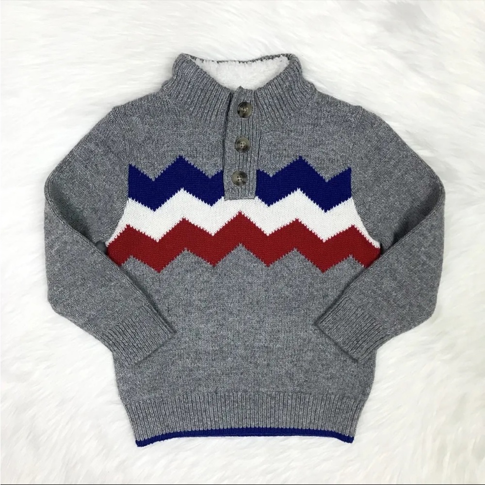 Baby Gap Button Front Stand-Up Collar Grey Blue Red Wool Cotton Sweater 12-18M
